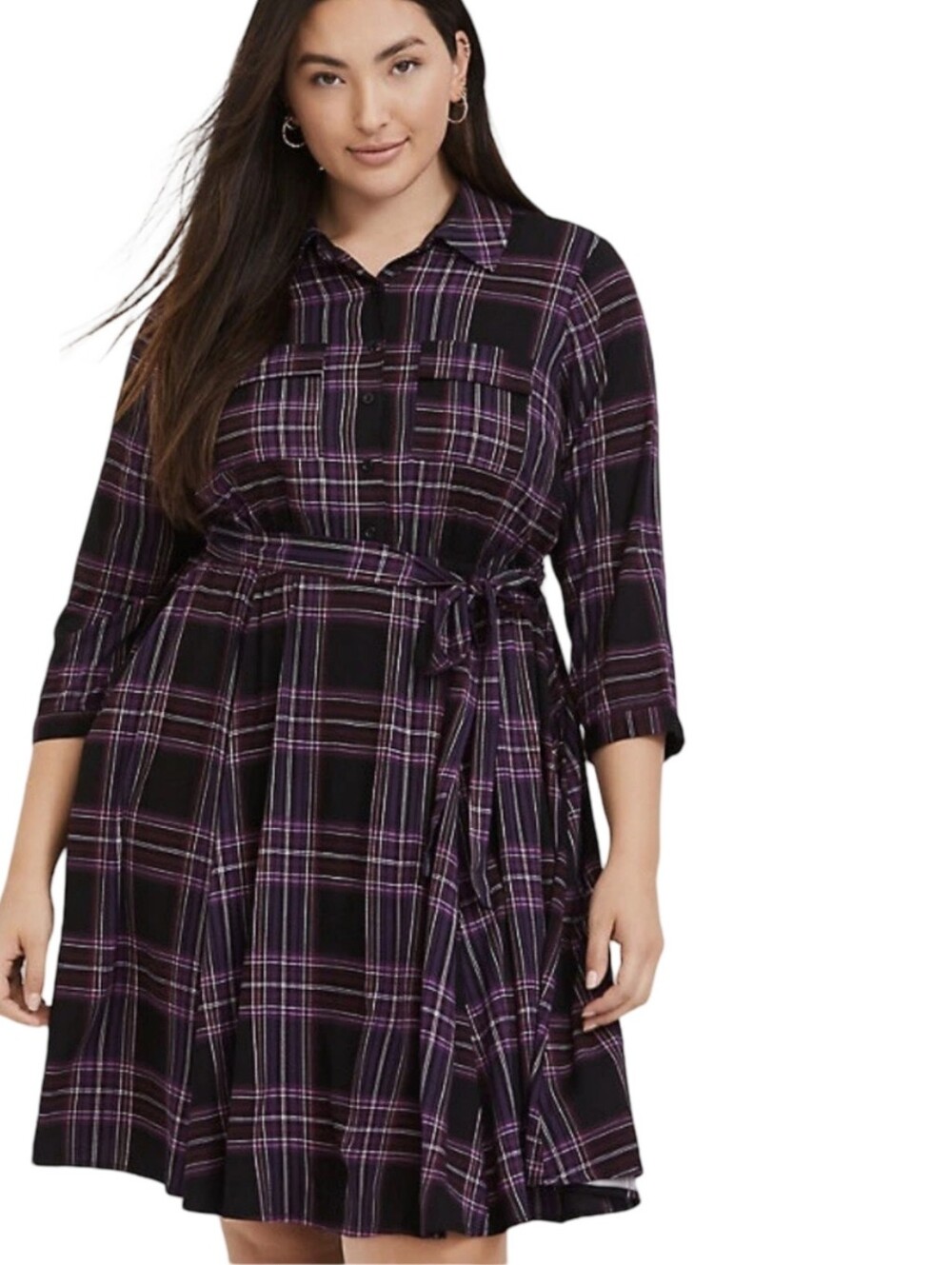 torrid Purple Plaid Button-Front Long Sleeve Shirt Dress Plus Size 2X 2